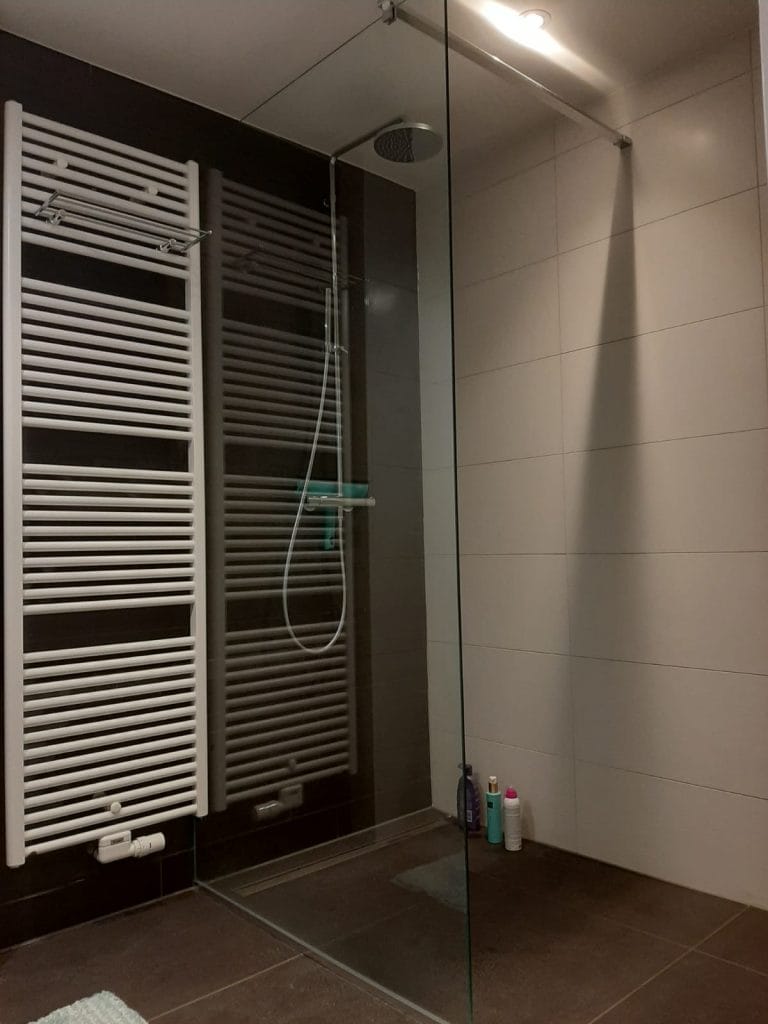 Inloopdouche met glazen wand, regendouche en witte designradiator tegen donkere tegels