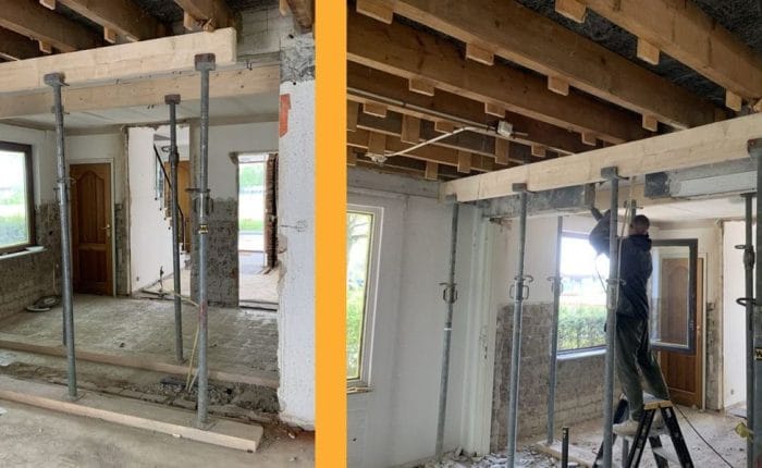 Woning tijdens het doorbreken van een draagmuur, ondersteund met stempels