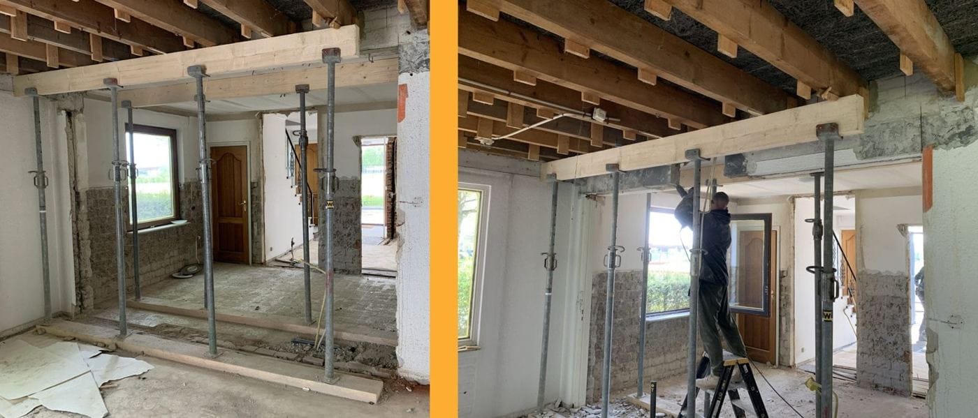 Woning tijdens het doorbreken van een draagmuur, ondersteund met stempels