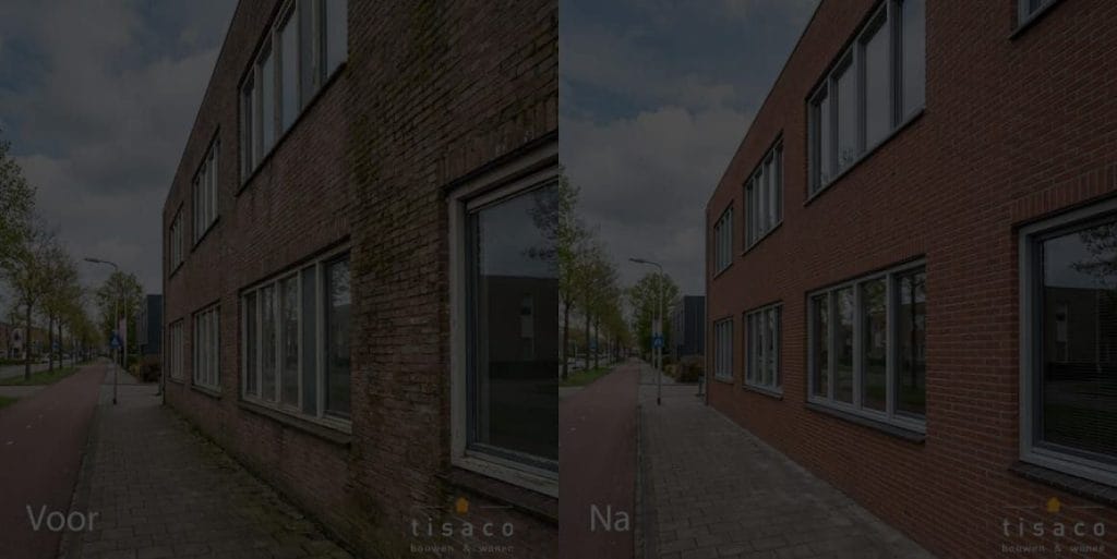 Bakstenen gevel voor en na het herstellen van het voegwerk