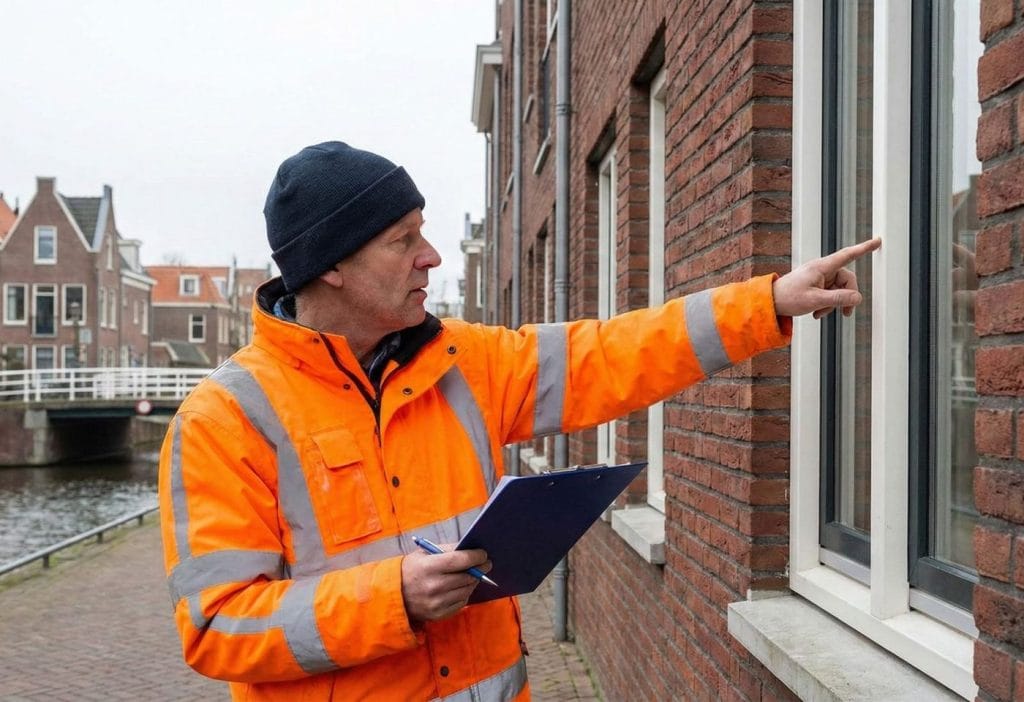 Vakman van TISACO Bouwen inspecteert gevel en kozijnen op vocht en lekkage