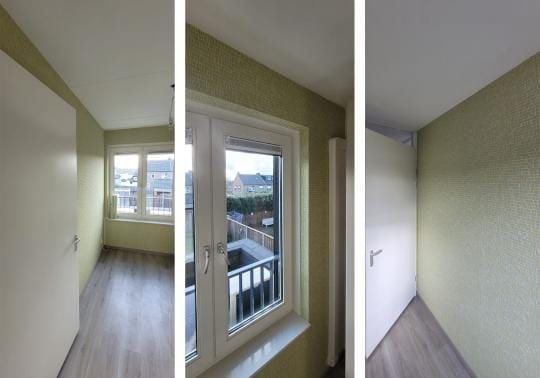 Drie ruimtes naast elkaar met verschillende verfkleuren op de wand