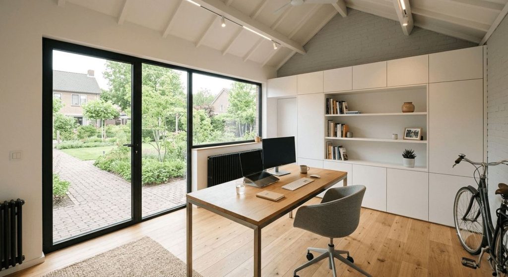 Werkkamer met houten vloer, inbouwkasten en een grote schuifpui naar de tuin