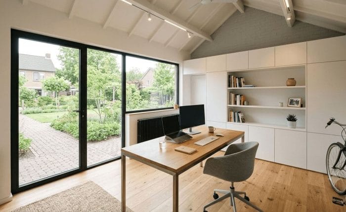 Werkkamer met houten vloer, inbouwkasten en een grote schuifpui naar de tuin